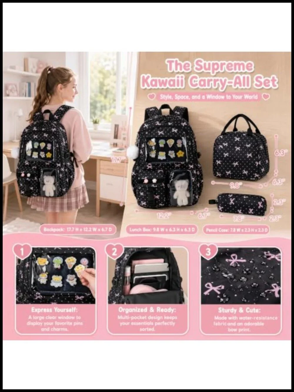 Girls Backpack with Lunch Box Ita Bag Bow Backpack School Anti Theft